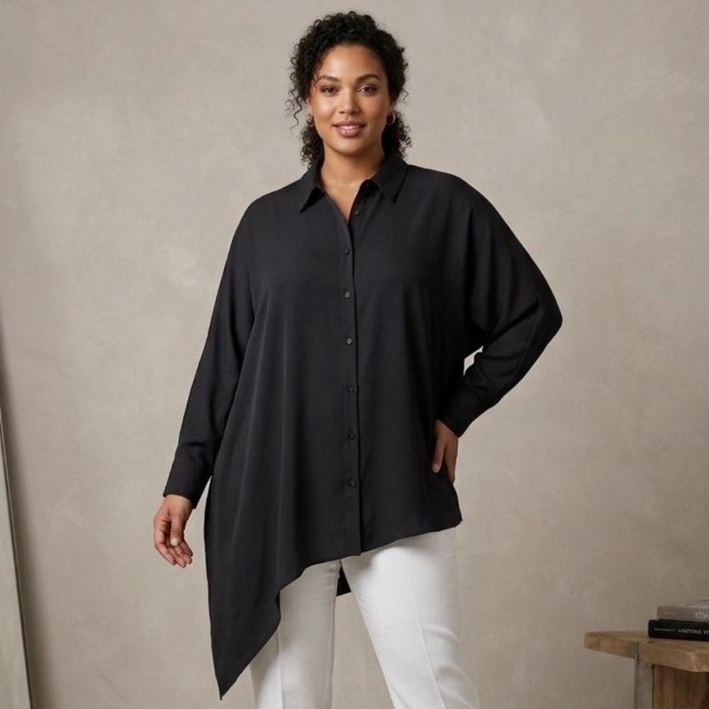 Chico's Black Label Blouse XL Women 3 Black Asymmetrical Hem Oversized